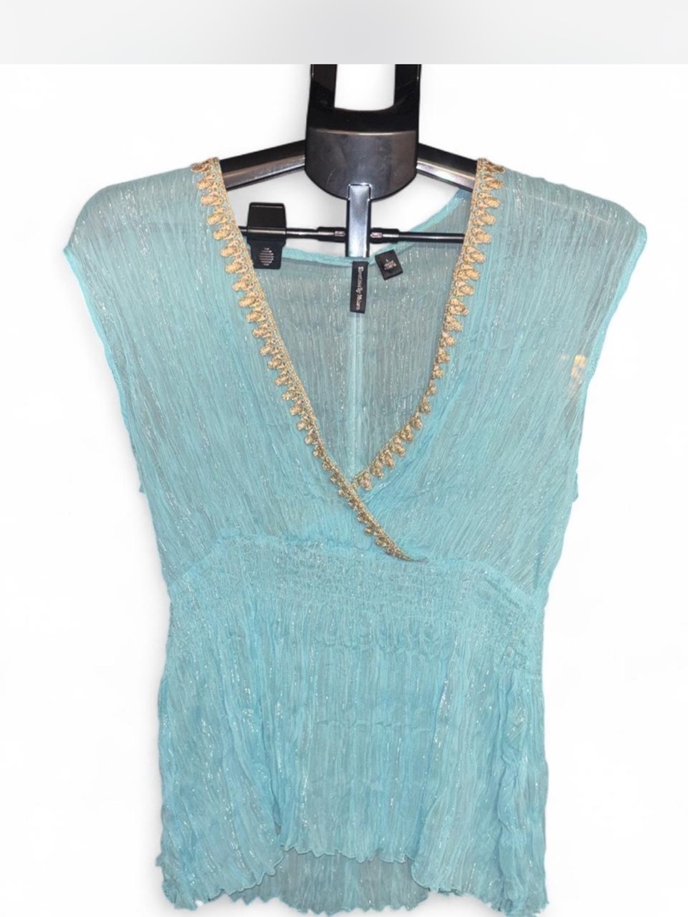 Essentials by Milano Y2K Light Aqua V-Neck Sleeveless Top with Gold Trim